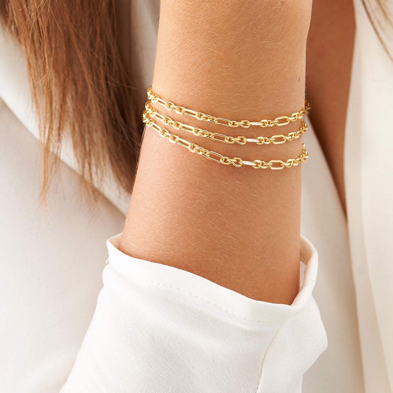 PEARLADA 3-Row 18K Gold Plated Chain Bracelet Dainty Cross Medallion Charm Bracelet OT Toggle Bangle Handmade Stacking Layering Jewelry Fashion Long and Short Oval Link Bracelet for Her - Image 4